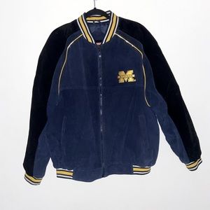 Michigan Suede Leather Varsity / Letterman / Bomber Jacket Blue/Yellow/Black L‌‍